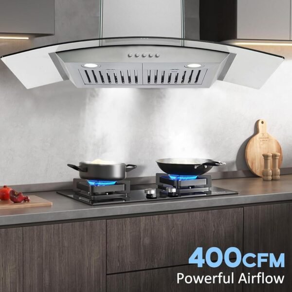 GAOMON 30 Inch Curved Glass Range Hood, Ductless/Ducted Convertible Stove Vent Hood with Chimney, 3 Speed Fan, LED Light, Button Control Vent Hood for Stove Kitchen, 400 CFM