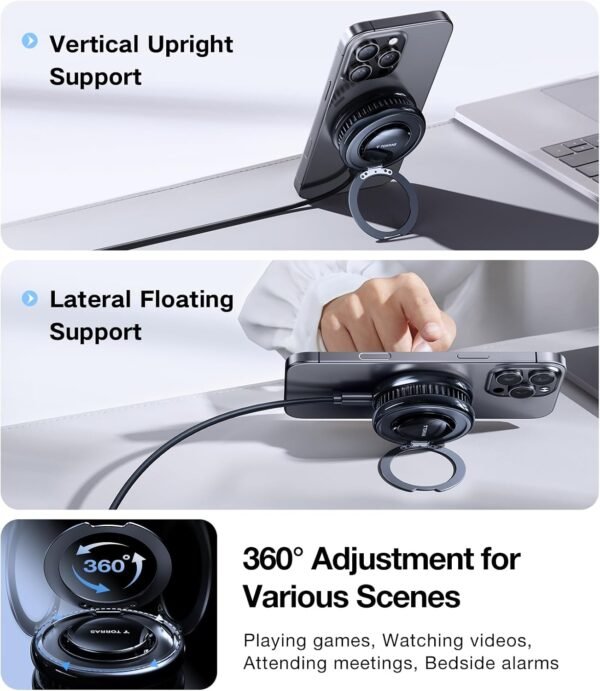 TORRAS PolarCircle Qi2 Mag-Safe Charger, 15W Cooling Magnetic Pad for iPhone 16/15/14/13, Wireless Charger for Samsung Galaxy S25 with 360°Spin Stand, Semiconductor Game Cooler, with 5ft Type-C Cable