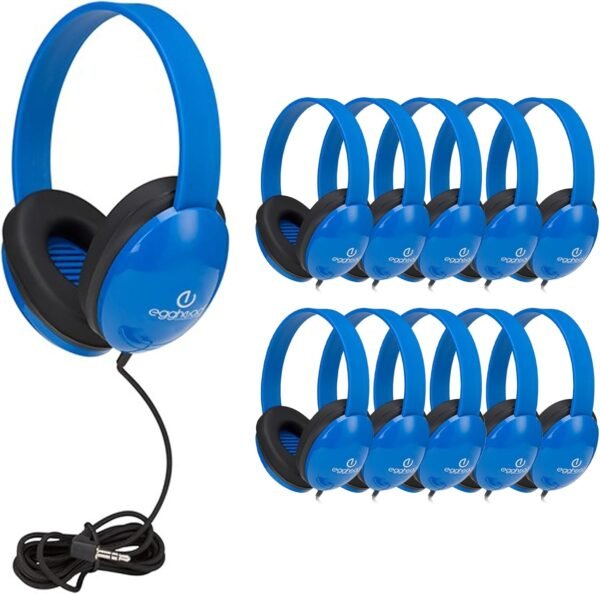 Egghead Heavy-Duty Kids' Headphones with Padded Ear Cups and 6' Cord, Adjustable Tangle-Free Plastic Classroom Headphones for Kids, Pack of 10, Blue