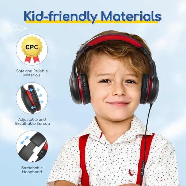 EarFun Kids Headphones Wired with Microphone, 85/94dB Volume Limit Headphones for Kids, Portable Wired Headphone with Shareport, Stereo Sound Foldable Headset for School/Tablet/iPad/Kindle, Black Red