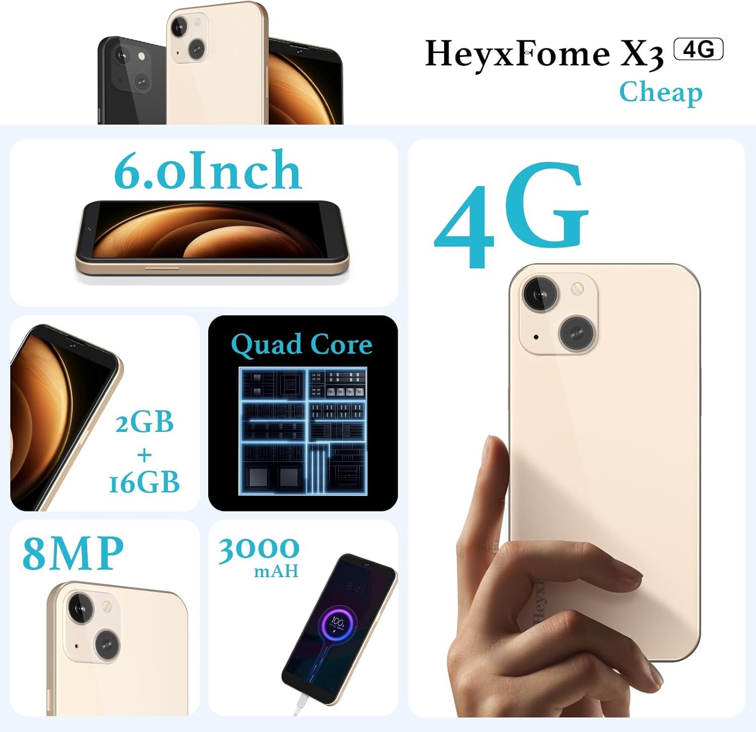 X3 2025 New Cheap 4G LTE GSM Unlocked Android Phones 6.0” Cell Phone 3000mAh Android Phone 8MP Smartphone 16GB Dual SIM for T-Mobile Only USA Market Face Unlocked (Gold)