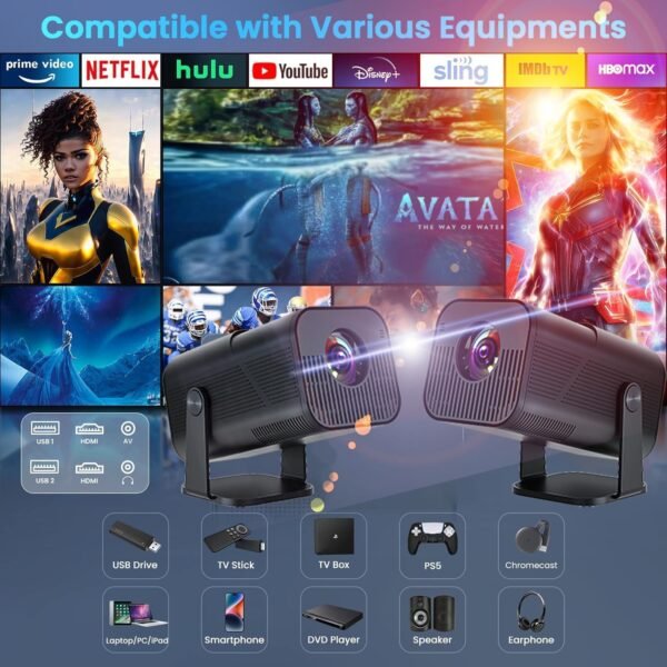 Smart Auto Keystone Projector with WIFI and Bluetooth, 270° Rotatable，AMX500 Mini Portable Projector, 4K Native 1080P Projector, Outdoor Movie Projector Compatible for Laptop, PC, Smartphone