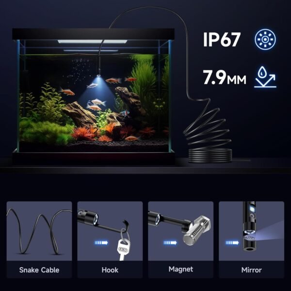 [Dual-Lens] Endoscope Camera with Light, 1920P HD Borescope with 8+1 Adjustable LED Lights, IP67 Waterproof 16.5FT Semi-Rigid Snake Cord Inspection Camera for iPhone, iPad and Android Phone (Type C)