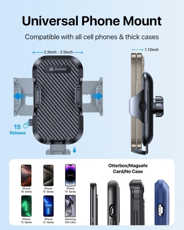 andobil Phone Holders for Your Car - Air Vent Phone Mount, Ultra-Stable Metal Clip with Anti-Shake & 360° Rotation, Universal Car Mount Fit iPhone 16/15/14/13/12 Pro Max/Android/Samsung Galaxy