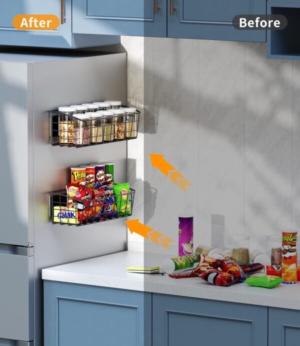 2-Pack Magnetic Spice Rack for Refrigerator, Versatile Magnetic Shelf Organizer with 2 Hooks for Kitchen Storage, Large Capacity Spice Rack for Fridge, Oven, or Cabinet - Black