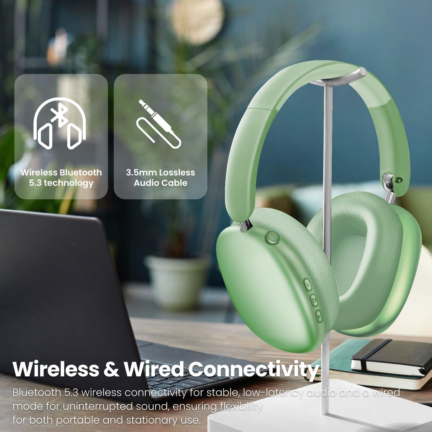 Y01 Wireless Over Ear Headphones, Noise Canceling Bluetooth 5.3 Headphones with Microphones,Hi-Res Audio,48H Playtime,Foldable,Breathable Soft Earpads for iOS/Android/Samsung/PC-Green