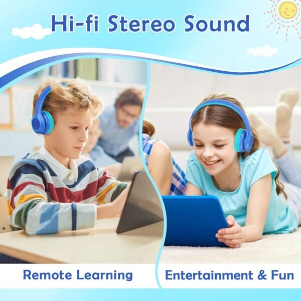 Bluetooth Kids Headphones Fit for Aged 3-21, Colorful LED Lights Comfort Wireless Headphones with Microphone 94dB Volume Limited for School/iPad/PC/TV/Cellphones, Wired & TF Card Mode,Blue