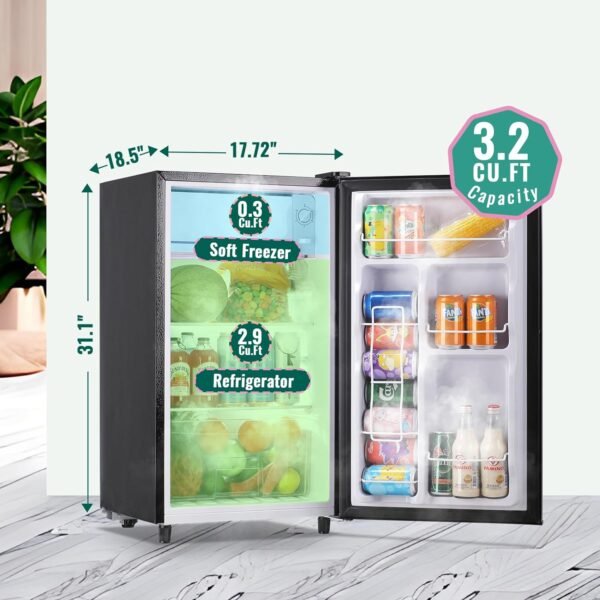 WANAI Refrigerator 3.2 Cu.Ft Single Door Fridge with freezer Refrigerator with 5 Adjustable Temperature LED Lights Removable Storage Shelves Apartment size Refrigerator for Bedroom Dorm Office Silver