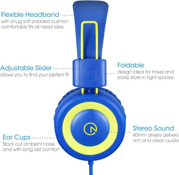 noot products Kids Headphones with Microphone K12 Stereo 5ft Long Cord with 85dB/94dB Volume Limit Wired On-Ear Headset for iPad/Amazon Kindle,Fire/Toddler/Boys/Girls/School(Blue/Lime)