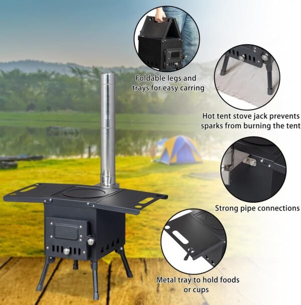 Outdoor Portable Camping Tent Stove Wood Burning with Chimney Pipes, Wood Stove for Tent,Camping, Outdoor Cooking, Hiking, Travel