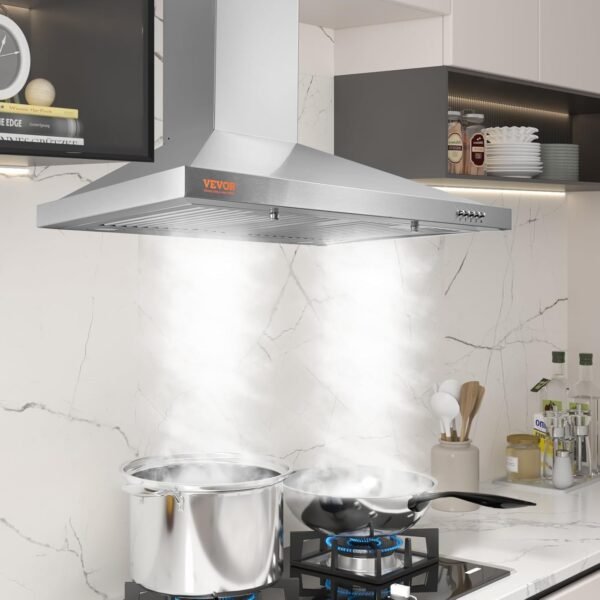 VBENLEM Wall Mount Range Hood, Ductless Chimney-Style Kitchen Stove Vent, Stainless Steel Permanent Filter with 3-Speed Exhaust Fan, 2 Baffle Filters, LED Lights, Push Button, Silver (30 inch)