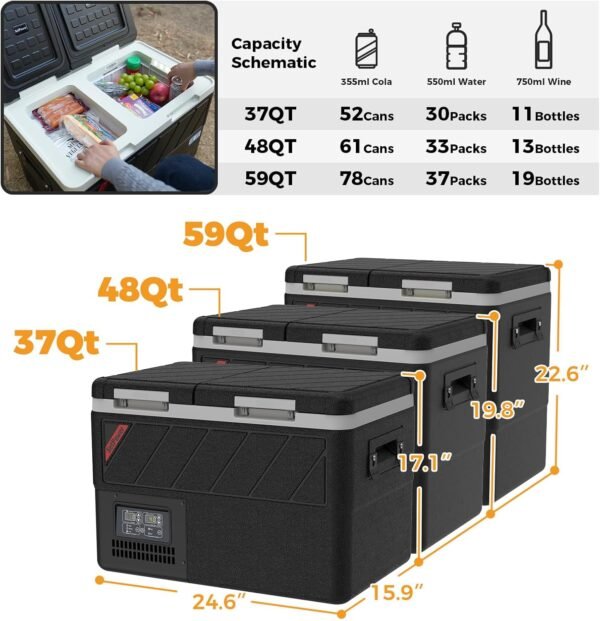 Setpower DT45 Car Refrigerator with APP Control, 48QT(45L) Electric Cooler Dual Zone Fridge Freezer, 12V Refrigerator Portable Freezer for Camping, Travel, Road Trip