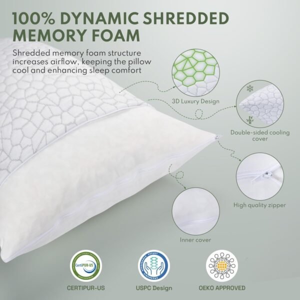 Cooling Pillows Queen Size Set of 2 - Shredded Memory Foam Pillow for Sleeping 2 Pack, Adjustable Cool Bed Pillows for Side, Back, and Stomach Sleepers, Gel Pillow Washable Removable Cover