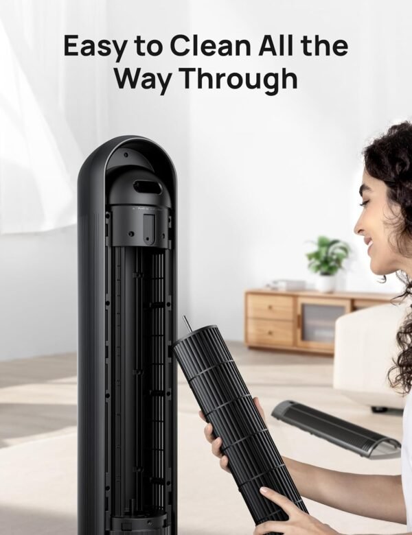 Dreo Tower Fan for Bedroom, 25ft/s Velocity 28dB Quiet Floor Fan, 90° Oscillating Fans for Indoors with 4 Speeds, 4 Modes, 8H Timer, Bladeless Standing Fan, Black, Nomad One (DR-HTF007)