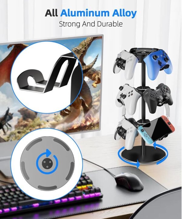 Aluminum Alloy Controller Holder 3 360 Degree Rotation Tier,Headphone Stand - Gaming Controller Stand for Xbox PS5 PS4 Switch,Gaming Controller Headset Holder for Gaming Accessories