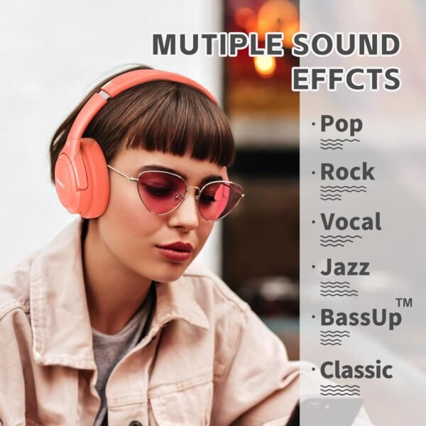 Bluetooth Headphones Over Ear,BERIBES 65H Playtime and 6 EQ Music Modes Wireless Headset with Microphone,HiFi Stereo Foldable Lightweight, Deep Bass for Home Office Outdoors Etc(Orange Red)