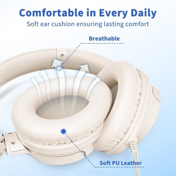 Headphones Wired with Microphone, Over Ear Foldable 3.5mm Plug in Headphones with 4.9ft Tangle-Free Nylon Cord for Tablet, Computer, MP3/4, Airplane Travel (Beige)