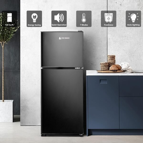 5 Cu Ft Fridge, Refrigerator with Freezer, 2 Doors Apartment Size Fridge, Energy-efficient, 5 Settings Temperature Adjustable, for Kitchen, Office, Dorm