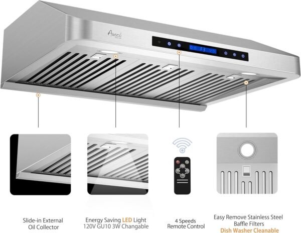 Awoco 30” Supreme 7” High Stainless Steel Under Cabinet Range Hood 4 Speeds, 8” Round Top Vent, 1000CFM 2 LED Lights, Remote Control & External Oil Collector (RH-S10-30S)