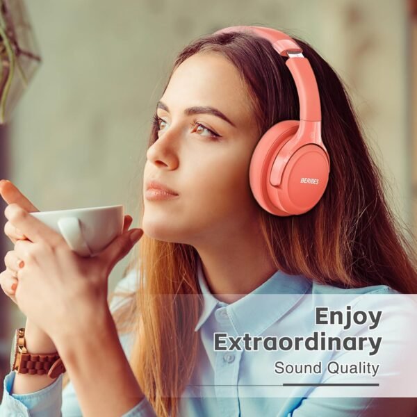 Bluetooth Headphones Over Ear,BERIBES 65H Playtime and 6 EQ Music Modes Wireless Headset with Microphone,HiFi Stereo Foldable Lightweight, Deep Bass for Home Office Outdoors Etc(Orange Red)