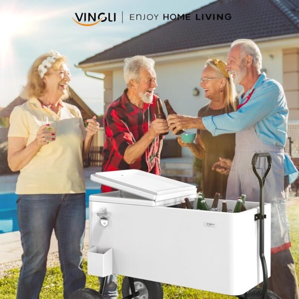 VINGLI 80 Quart Wagon Rolling Cooler Ice Chest, w/Long Handle and 10" Wheels, Portable Beach Patio Party Bar Cold Drink Beverage, Outdoor Park Cart on Wheels