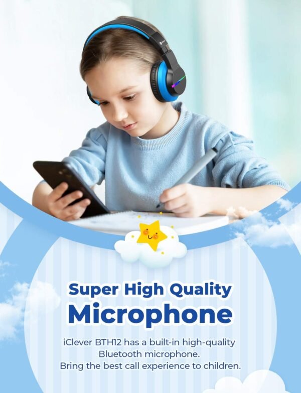 iClever BTH12 Kids Bluetooth Headphones,Colorful LED Lights Wireless Kids Headphones,74/85dBA Safe Volume,85H Playtime,Bluetooth 5.2,Over Ear Headphones Built-in Mic for iPad/Tablet/Airplane,Black