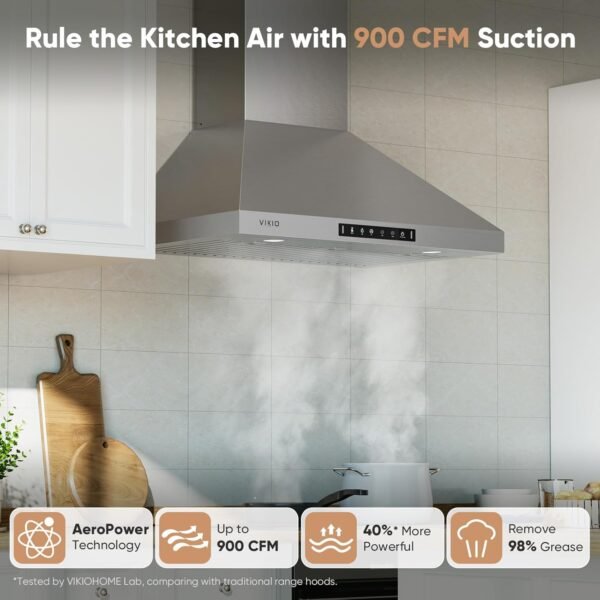 Wall Mount 30 Inch Range Hood 900 CFM, Ductless/Ducted Convertible Kitchen Hood, 3-speed Gesture Sensing & Touch Control, Stainless Steel Kitchen Vent Hood with Permanent Baffle Filters
