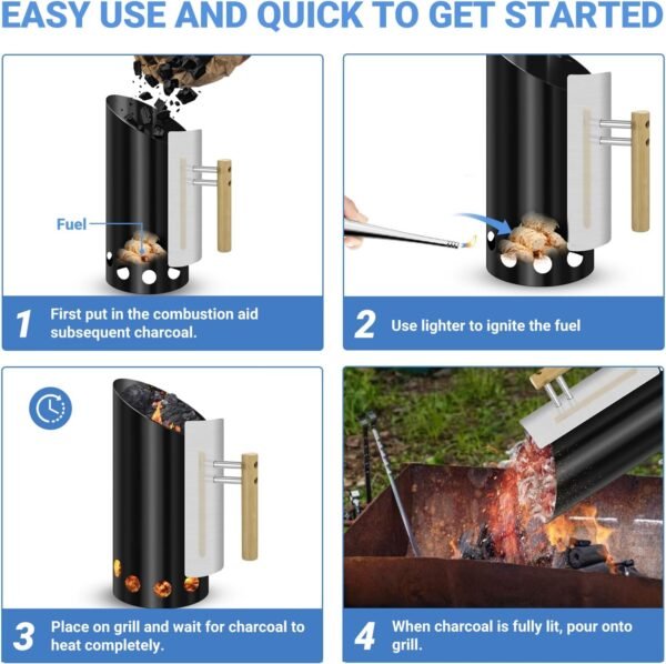 Charcoal Chimney Starter Double Enameled Large Capacity Chimney Starter, Chimney Starter for Charcoal Grill with Heat Shield & Rubber Wood Handle Great Heat Insulation and Easy Grip