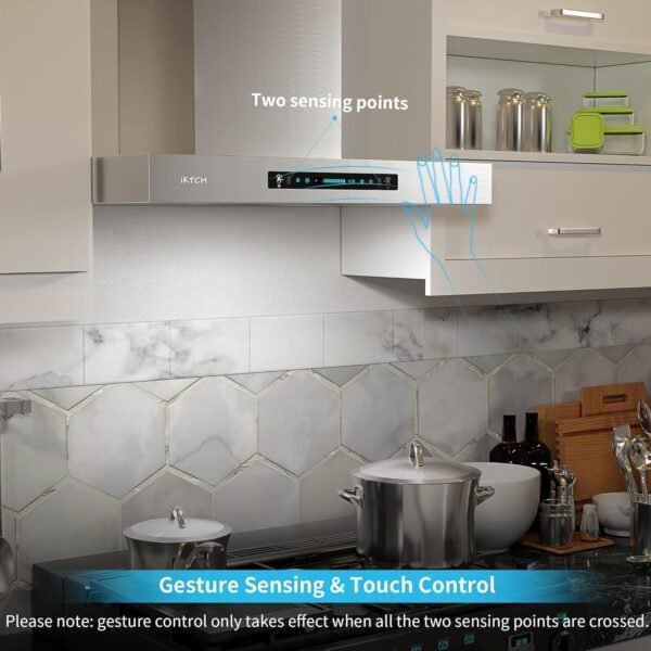 IKTCH 30-Inch Wall Mount Range Hood, 900 CFM Ducted Vent Hood with 4-Speed Fan, Gesture Sensing & Touch Control, Stainless Steel Kitchen Chimney Vent with Adjustable LED Lights