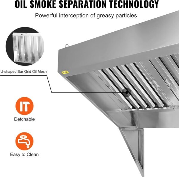 VEVOR Commercial Exhaust Hood, 6FT Food Truck Hood Exhaust, 201 Stainless Steel Concession Trailer Hood with 3 Detachable U-shaped Grid Oil Filter Mesh, Rust Resistant Vent Hood for Kitchen Restaurant