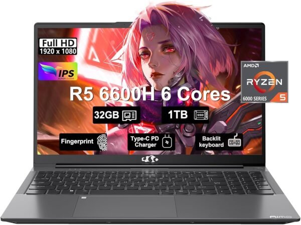 NIMO 15.6 FHD-Laptop,6-Cores AMD Ryzen 5 6600H 660M 6nm GPU, 32GB DDR5 1TB SSD (Beat i5-12450H),IPS 100W Type-C Business Gaming laptops-Computer with Fingerprint Backlit Keyboard WiFi5 Win 11