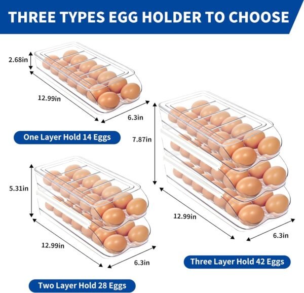 Egg Holder for Fridge, Automatic Rolling Egg Organizer for Refrigerator, Clear Plastic Egg Container & Tray, Stackable Dispenser and Storage Bin with Sturdy Lid to Saving Space -2 Layer