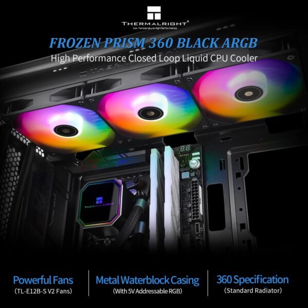 Thermalright Frozen Prism360 Black ARGB CPU Liquid Cooler,Efficient PWM Controlled Pump 3300RPM,3×TL-E12 Series PWM Fan,Water Cooling Computer Parts,for AMD AM4/AM5,Intel 1150/1151/1200/1700/2011