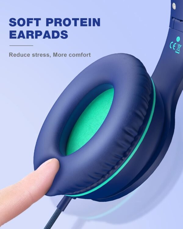 ELECDER i45 On-Ear Headphones with Microphone - Foldable Stereo Bass, Portable Wired Headphones with No-Tangle 1.5M Cord, 3.5MM Jack for School/Kids/Teens/Smartphones/Travel/Tablet - Blue