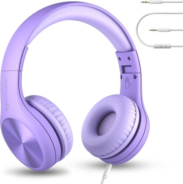 LilGadgets Connect+ Pro Wired Kids Headphones for School with Microphone, Volume Limiting & Noise Reduction Over-Ear Headset with Cord, SharePort Technology & SoftTouch Padding, Purple