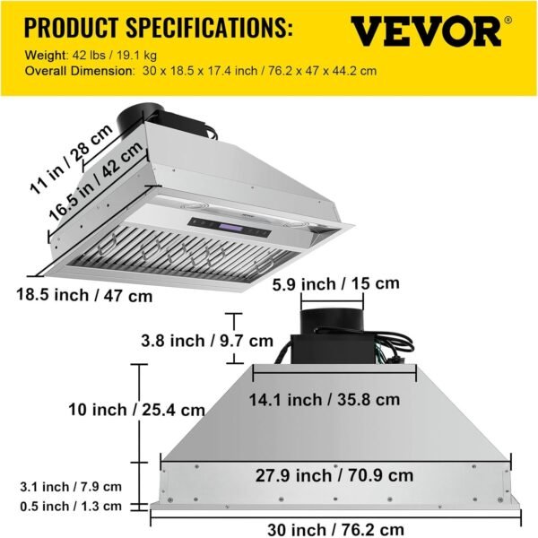 VEVOR Insert Range Hood, 900CFM 4-Speed, 30 Inch Stainless Steel Built-in Kitchen Vent with Touch & Remote Control LED Lights Baffle Filters, Ducted/Ductless Convertible, ETL Listed…
