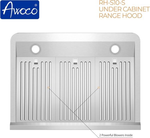 Awoco 30” Supreme 7” High Stainless Steel Under Cabinet Range Hood 4 Speeds, 8” Round Top Vent, 1000CFM 2 LED Lights, Remote Control & External Oil Collector (RH-S10-30S)
