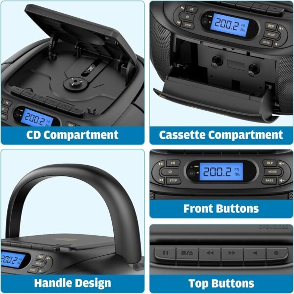 CD Cassette Player Combo, Hernpark Rechargeable Boombox with Bluetooth 5.1, Tape Recording, FM Radio, Super Bass, Stereo Sound, Aux/USB Drive, Headphones Jack, Boom Box for Indoor Outdoor