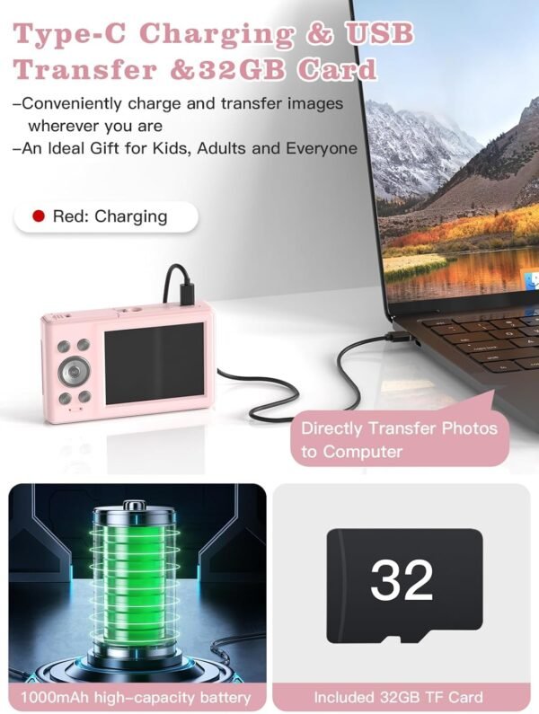 Upgrade Digital Camera, 56MP FHD 1080P Camera for Kids with 16x Zoom Anti Shake, Kid Camera with 32GB TF Card, Two Batteries, Lanyard, Compact Small Camera for Kids Boys Girls（Pink）