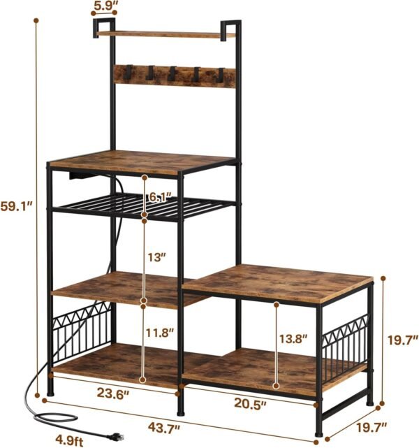 Portin Stand for Mini Fridge and Microwave Coffee Bar - Large Capacity, Sturdy, with Power Outlet and S-Hooks, for Compact Refrigerators - Home and Kitchen Shelf