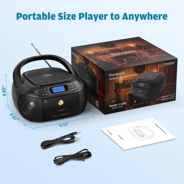 CD Cassette Player Combo, Hernpark Rechargeable Boombox with Bluetooth 5.1, Tape Recording, FM Radio, Super Bass, Stereo Sound, Aux/USB Drive, Headphones Jack, Boom Box for Indoor Outdoor
