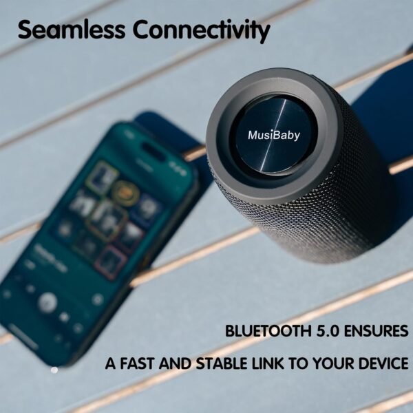 Bluetooth Speaker, MusiBaby Wireless Portable Speaker - Waterproof, Outdoor, Bluetooth 5.0, Dual Pairing, Loud Stereo, Deep Bass, 24H Playtime - Gift Ideas for Home, Party, Travel (BLK)