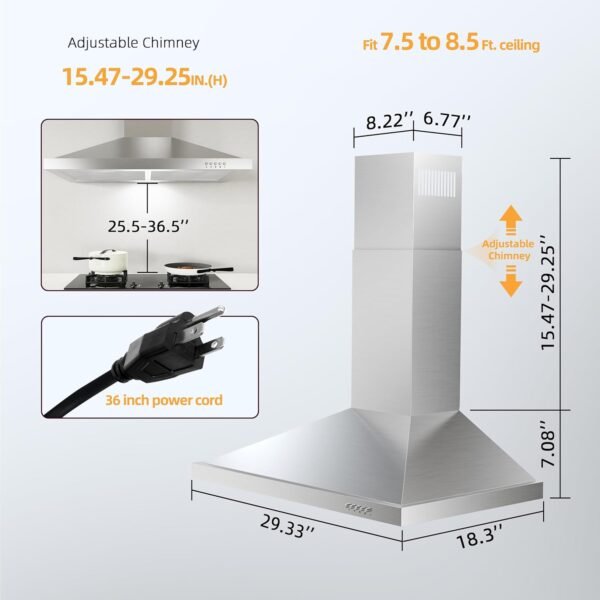 FIREGAS Range Hood 30 inch Wall Mount with Ducted/Ductless Convertible, 450 CFM Stainless Steel Chimney-Style Kitchen Hood, Over Stove Vent Hood with 3 Speed Fan, LED Light, Charcoal Filters