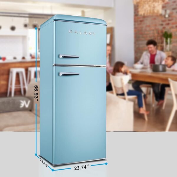 Galanz GLR12TBEEFR Refrigerator, Dual Door Fridge, Adjustable Electrical Thermostat Control with Top Mount Freezer Compartment, Retro Blue, 12.0 Cu Ft