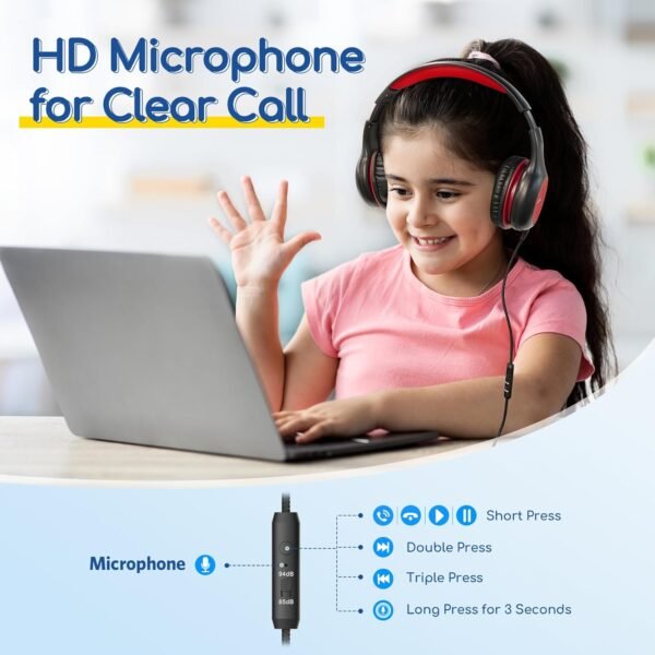 EarFun Kids Headphones Wired with Microphone, 85/94dB Volume Limit Headphones for Kids, Portable Wired Headphone with Shareport, Stereo Sound Foldable Headset for School/Tablet/iPad/Kindle, Black Red