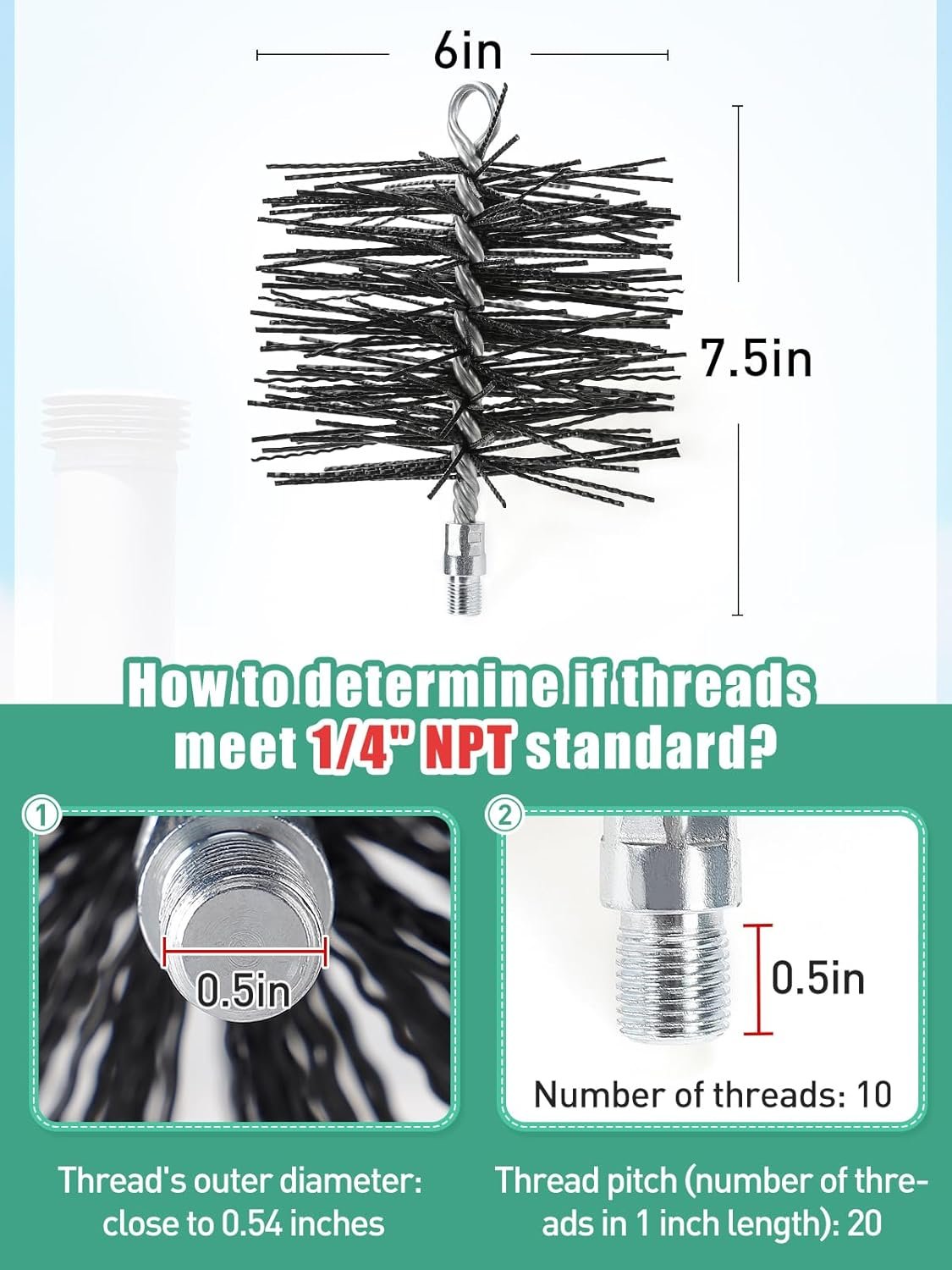 Chimney Cleaning Brush with Standard 1/4" NPT End Fitting- 6 Inch Fiberglass Chimney Brush for Cleaning Chimney Hearth Fireplace