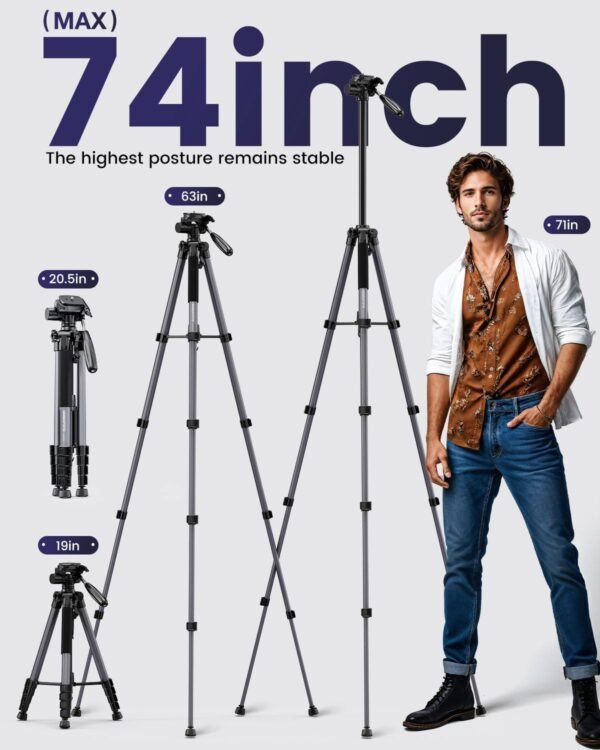 74"-Camera-Tripod, Gray Professional Aluminum Tripod Stand and Leg for Mirrorless Camera/DSLR/Cell Phone/Camcorder/GoPro, with Phone Holder and Travel Bag (Gunmetal Gray)