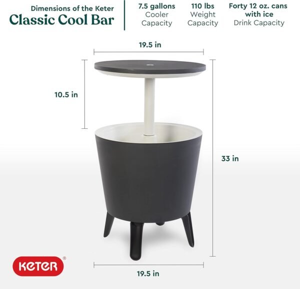 Keter Modern Cool Bar Outdoor Patio Furniture and Hot Tub Side Table with 7.5 Gallon Beer and Wine Cooler, Dark Grey
