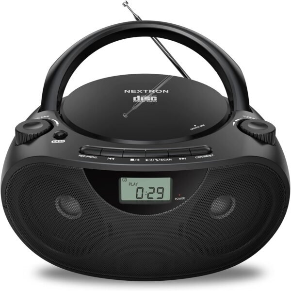 Portable Stereo CD Player Boombox with AM/FM Radio, Bluetooth, USB, AUX-in, Headphone Jack, CD-R/RW and MP3 CDs Compatible, Clear and Full Sound with Bass Boost, AC/Battery Operated – Black