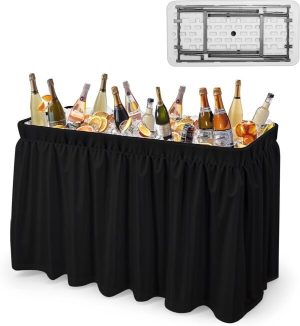 VINGLI 4 Foot Folding Party Ice Cooler, Portable Tailgate Camp Fishing Cleaning Table, Plastic with Matching Skirt, Ice Table for Party, BBQ, Camping, Picnic (Black)
